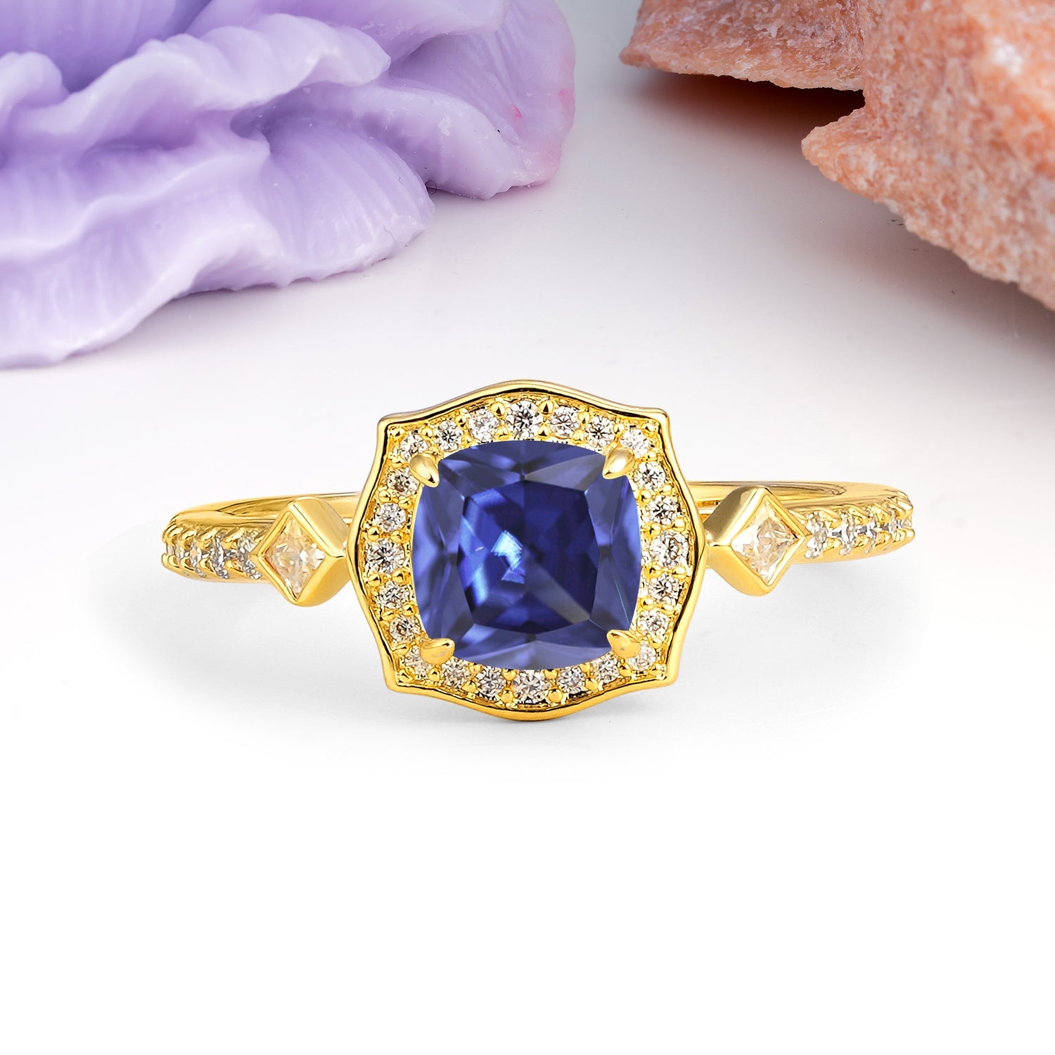 Vintage-Style, Multi-Row Diamond, Luxurious 4-Prong Princess Cut Tanzanite Engagement Ring - Additional view