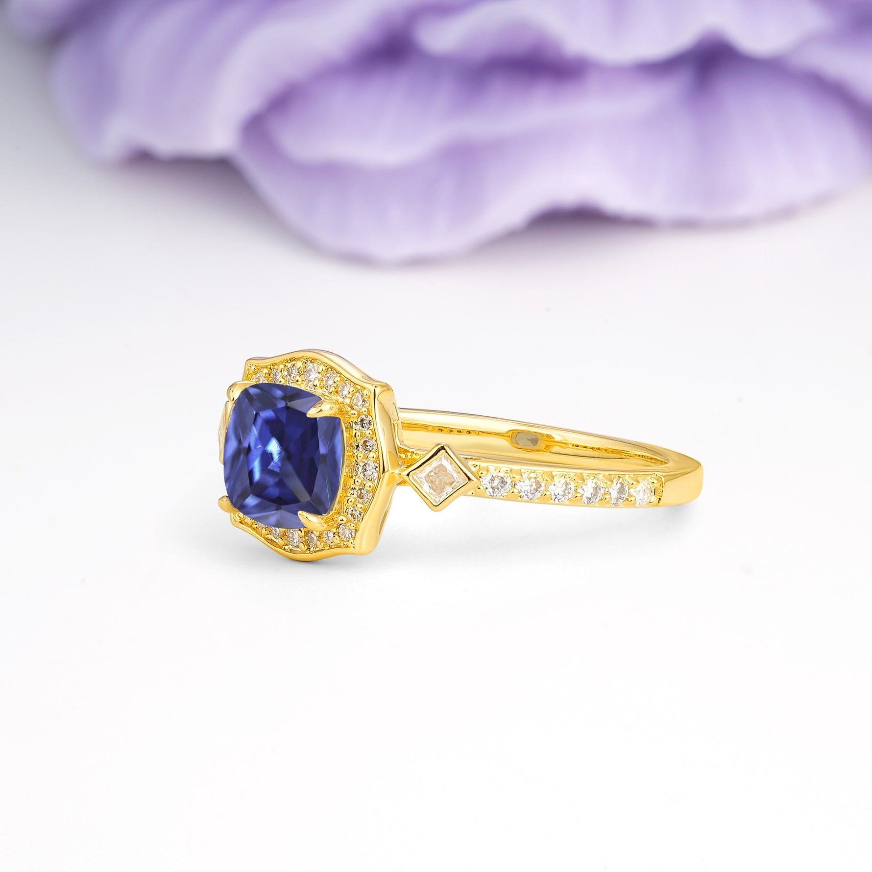 Vintage-Style, Multi-Row Diamond, Luxurious 4-Prong Princess Cut Tanzanite Engagement Ring - Additional view