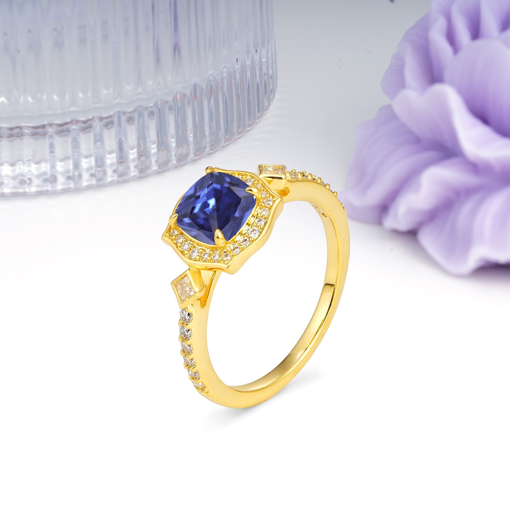 Vintage-Style, Multi-Row Diamond, Luxurious 4-Prong Princess Cut Tanzanite Engagement Ring - Additional view