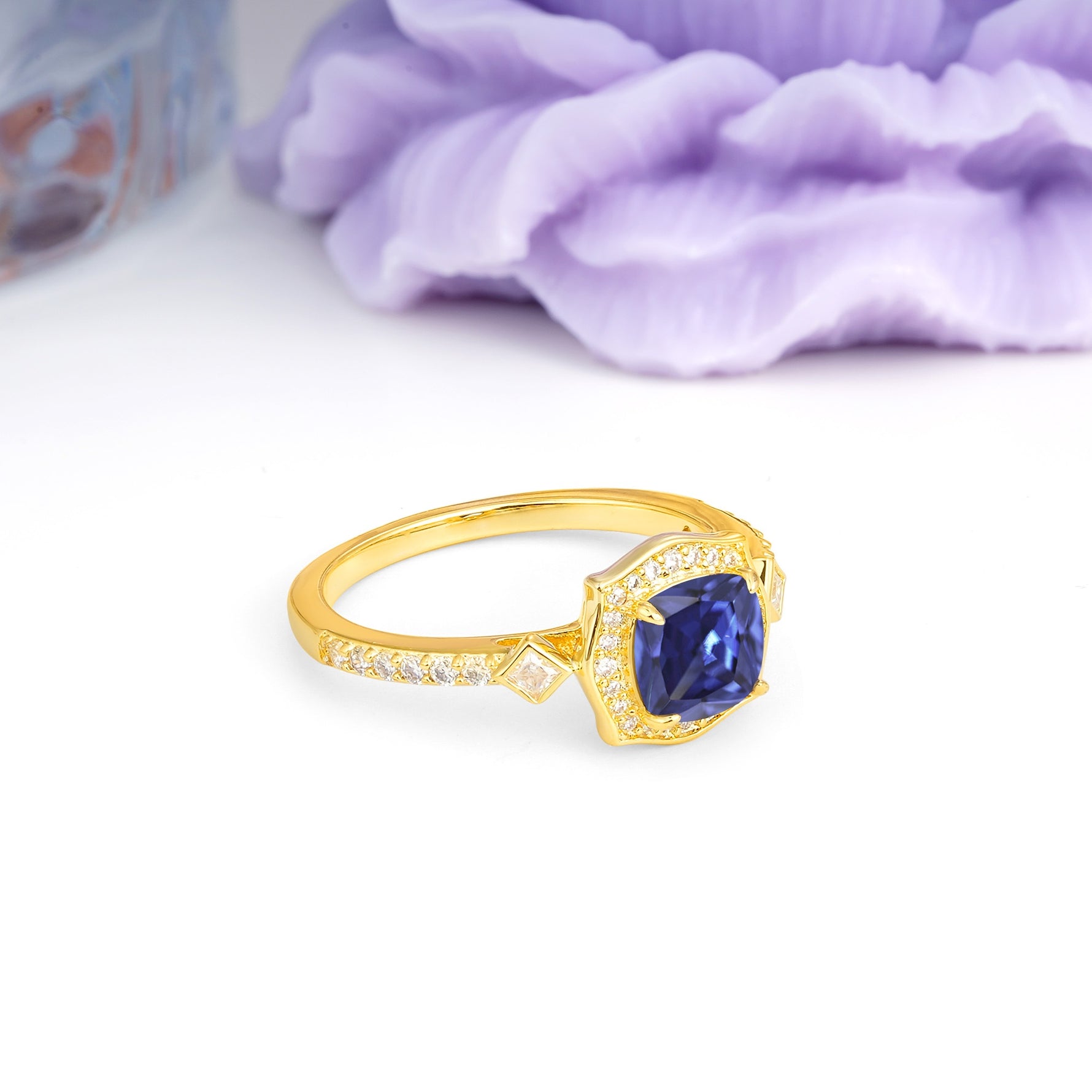 Vintage-Style, Multi-Row Diamond, Luxurious 4-Prong Princess Cut Tanzanite Engagement Ring - Additional view