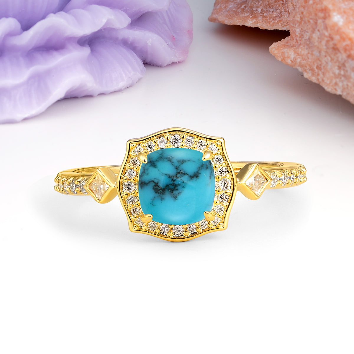 Vintage-Style, Multi-Row Diamond, Luxurious 4-Prong Princess Cut Turquoise Engagement Ring - Additional view