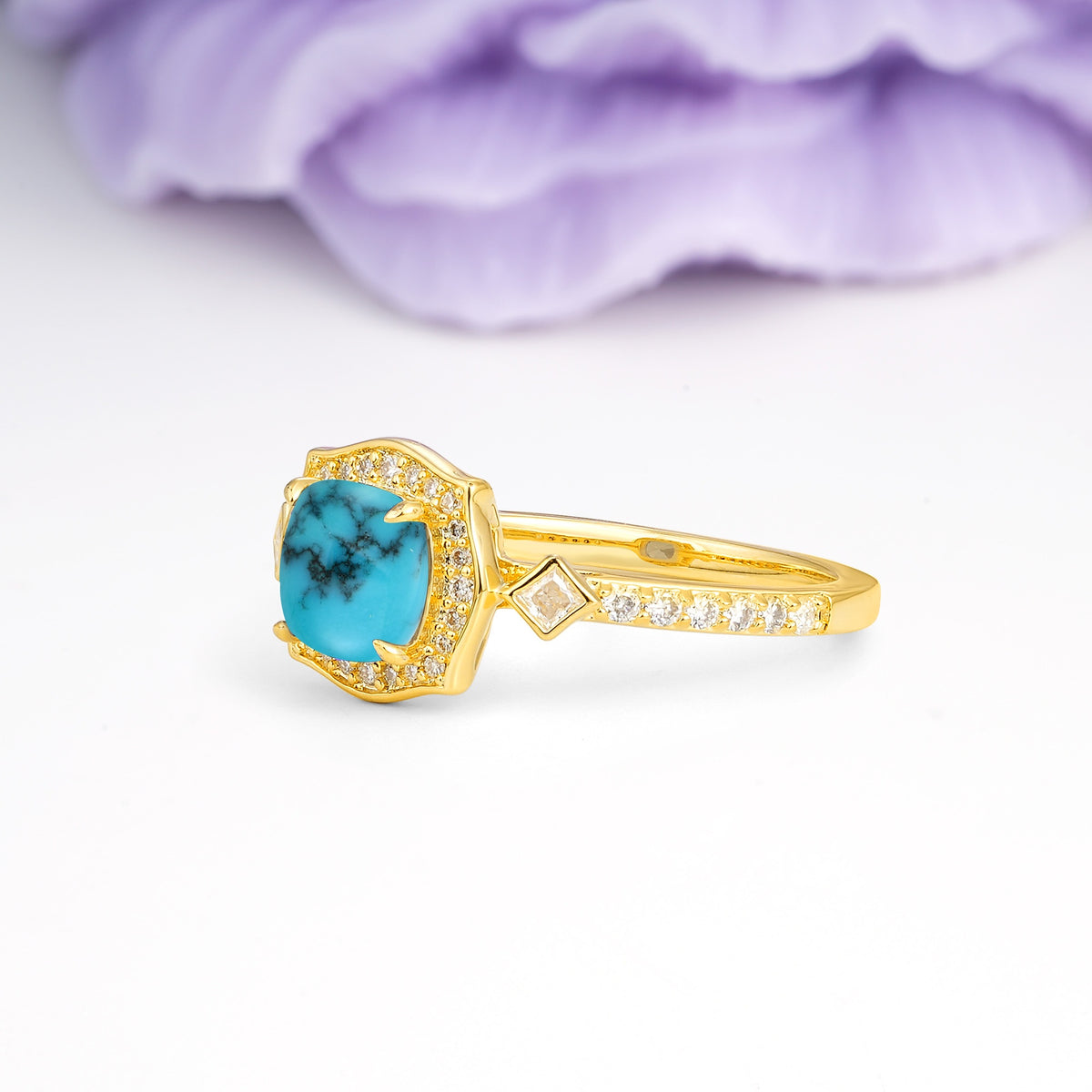 Vintage-Style, Multi-Row Diamond, Luxurious 4-Prong Princess Cut Turquoise Engagement Ring - Additional view