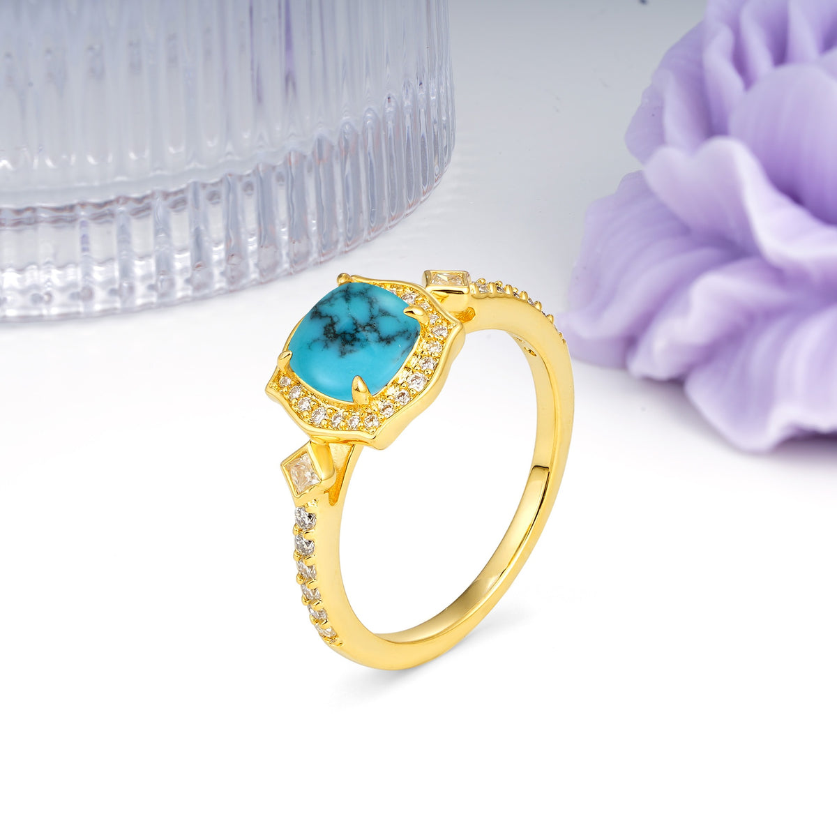 Vintage-Style, Multi-Row Diamond, Luxurious 4-Prong Princess Cut Turquoise Engagement Ring - Additional view