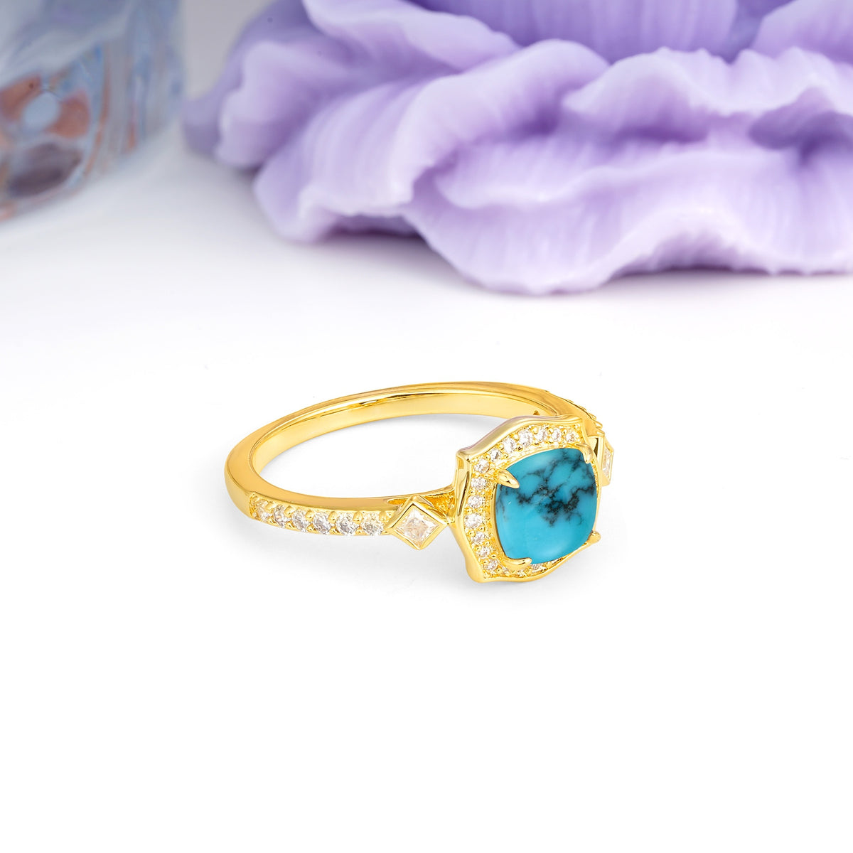 Vintage-Style, Multi-Row Diamond, Luxurious 4-Prong Princess Cut Turquoise Engagement Ring - Additional view