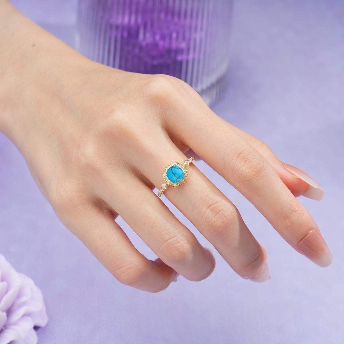 Vintage-Style, Multi-Row Diamond, Luxurious 4-Prong Princess Cut Turquoise Engagement Ring