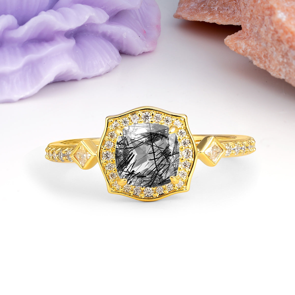 Vintage-Style, Multi-Row Diamond, Luxurious 4-Prong Princess Cut Black Rutilated Quartz Engagement Ring - Additional view