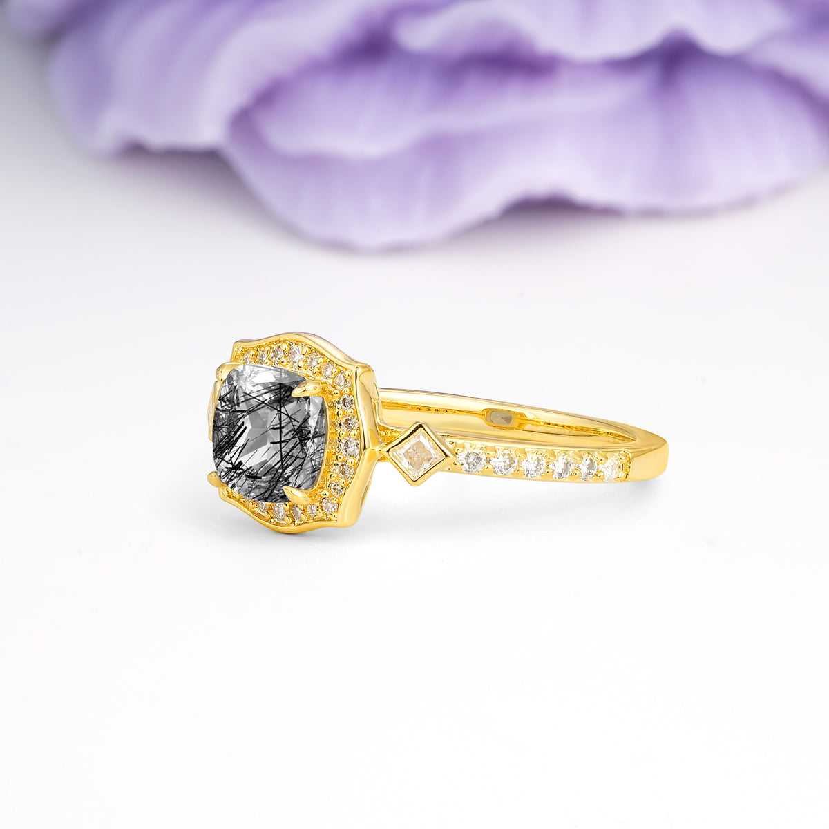 Vintage-Style, Multi-Row Diamond, Luxurious 4-Prong Princess Cut Black Rutilated Quartz Engagement Ring - Additional view