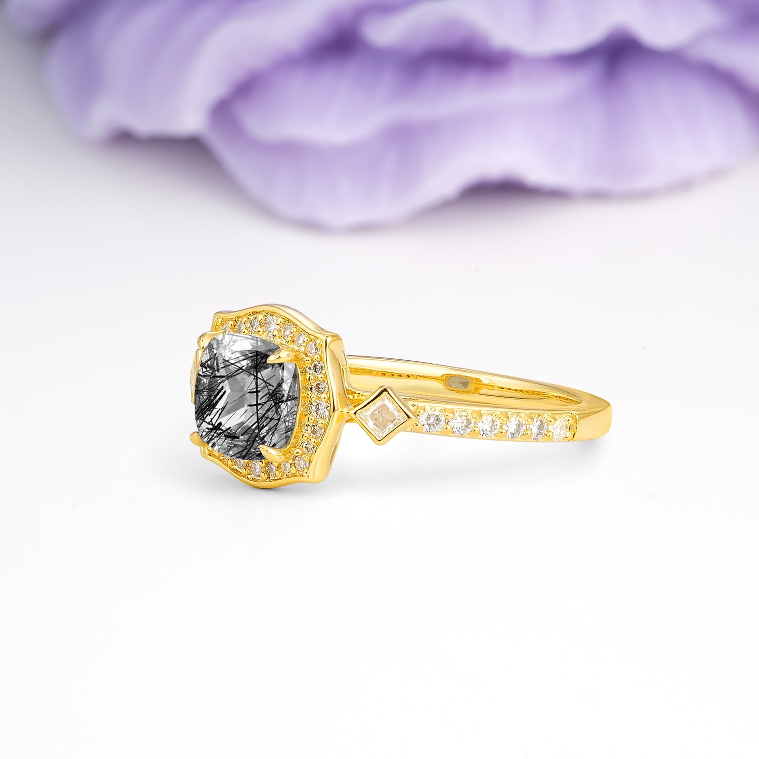 Vintage-Style, Multi-Row Diamond, Luxurious 4-Prong Princess Cut Black Rutilated Quartz Engagement Ring - Additional view