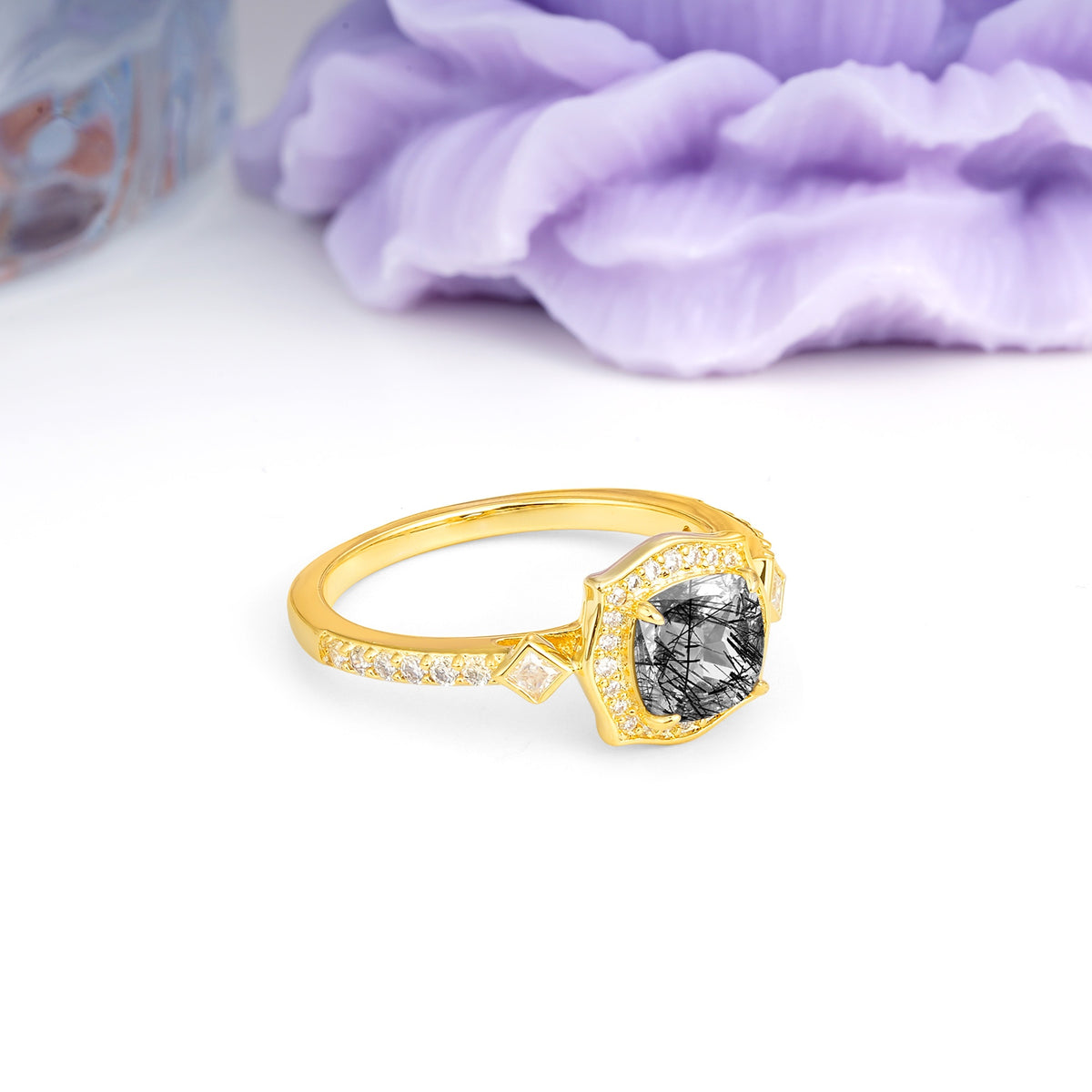 Vintage-Style, Multi-Row Diamond, Luxurious 4-Prong Princess Cut Black Rutilated Quartz Engagement Ring - Additional view