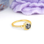 Vintage-Style, Multi-Row Diamond, Luxurious 4-Prong Princess Cut Black Rutilated Quartz Engagement Ring - Additional view