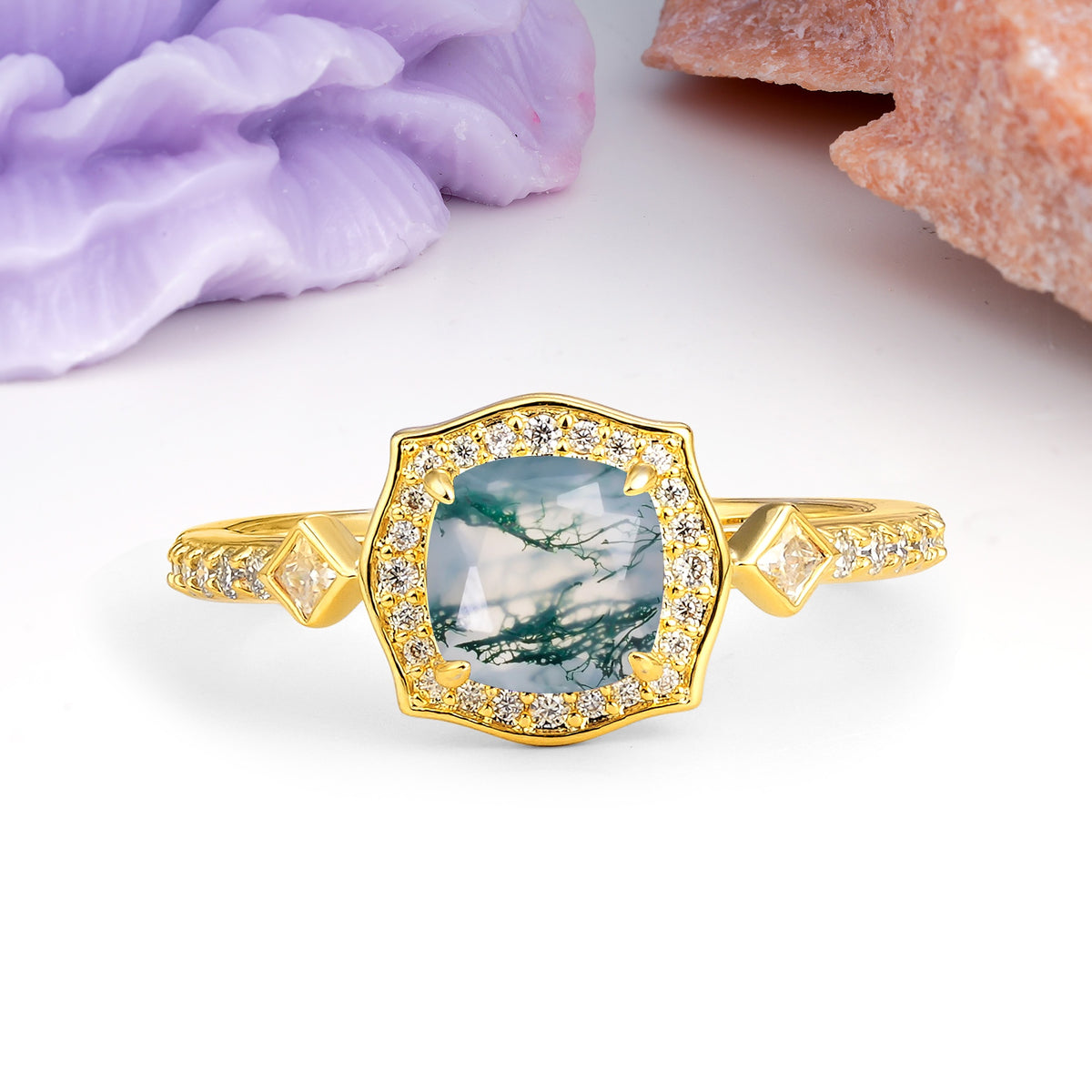 Vintage-Style, Multi-Row Diamond, Luxurious 4-Prong Princess Cut Moss Agate Engagement Ring - Additional view