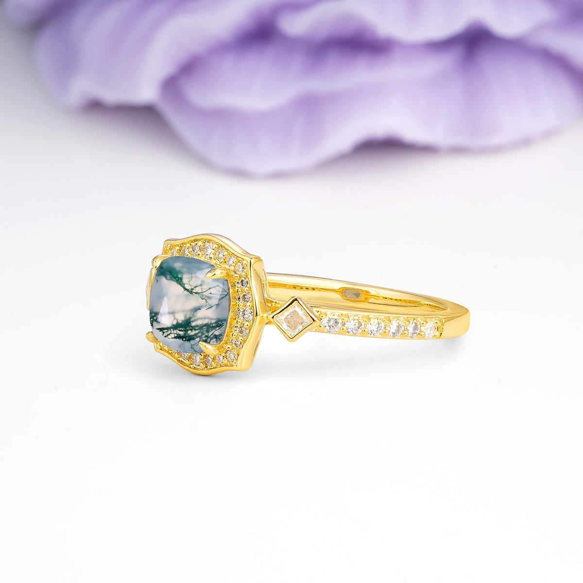 Vintage-Style, Multi-Row Diamond, Luxurious 4-Prong Princess Cut Moss Agate Engagement Ring - Additional view