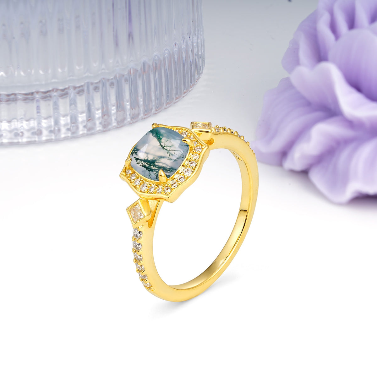 Vintage-Style, Multi-Row Diamond, Luxurious 4-Prong Princess Cut Moss Agate Engagement Ring - Additional view