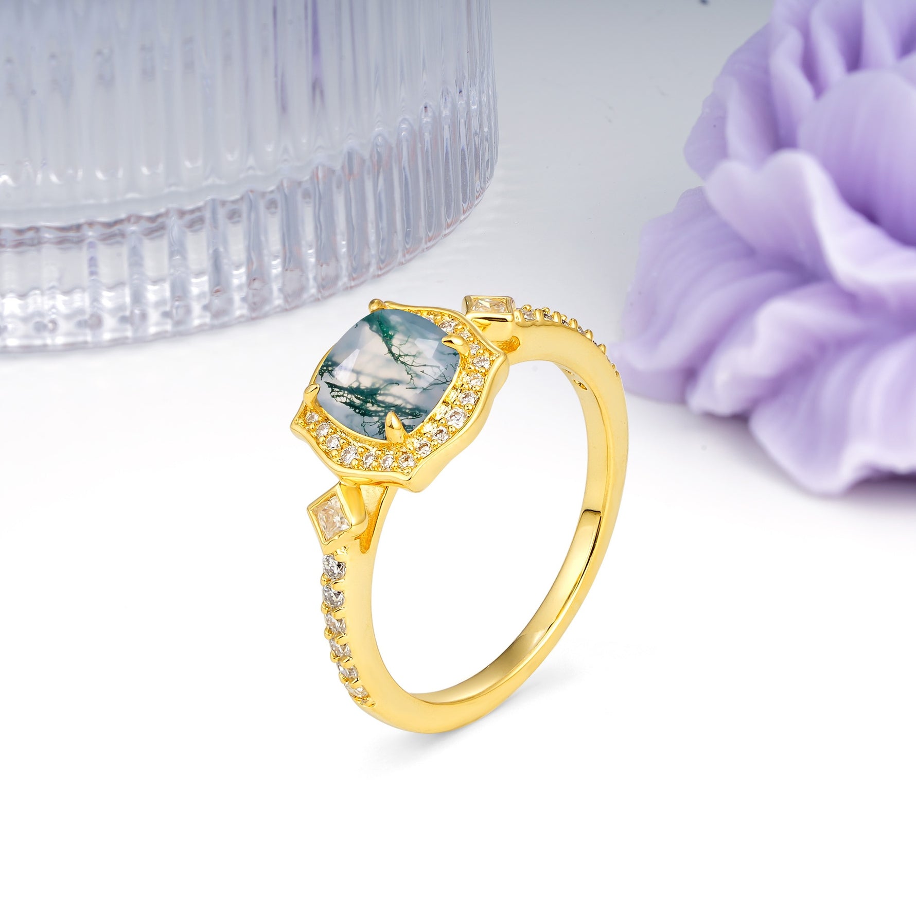 Vintage-Style, Multi-Row Diamond, Luxurious 4-Prong Princess Cut Moss Agate Engagement Ring - Additional view