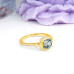 Vintage-Style, Multi-Row Diamond, Luxurious 4-Prong Princess Cut Moss Agate Engagement Ring - Additional view