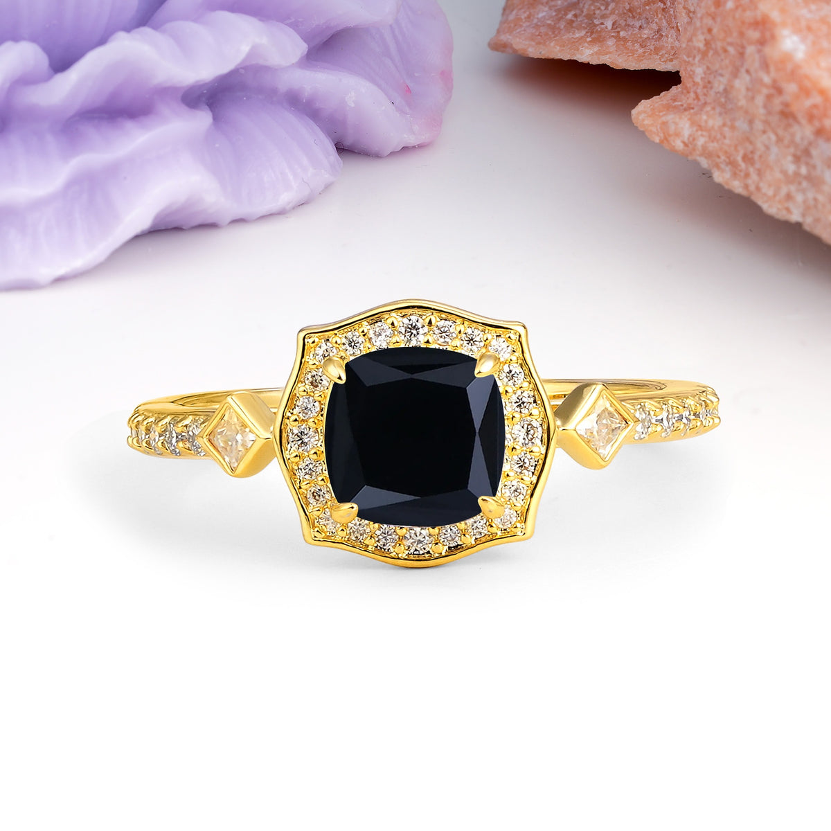 Vintage-Style, Multi-Row Diamond, Luxurious 4-Prong Princess Cut Black Onyx Engagement Ring - Additional view