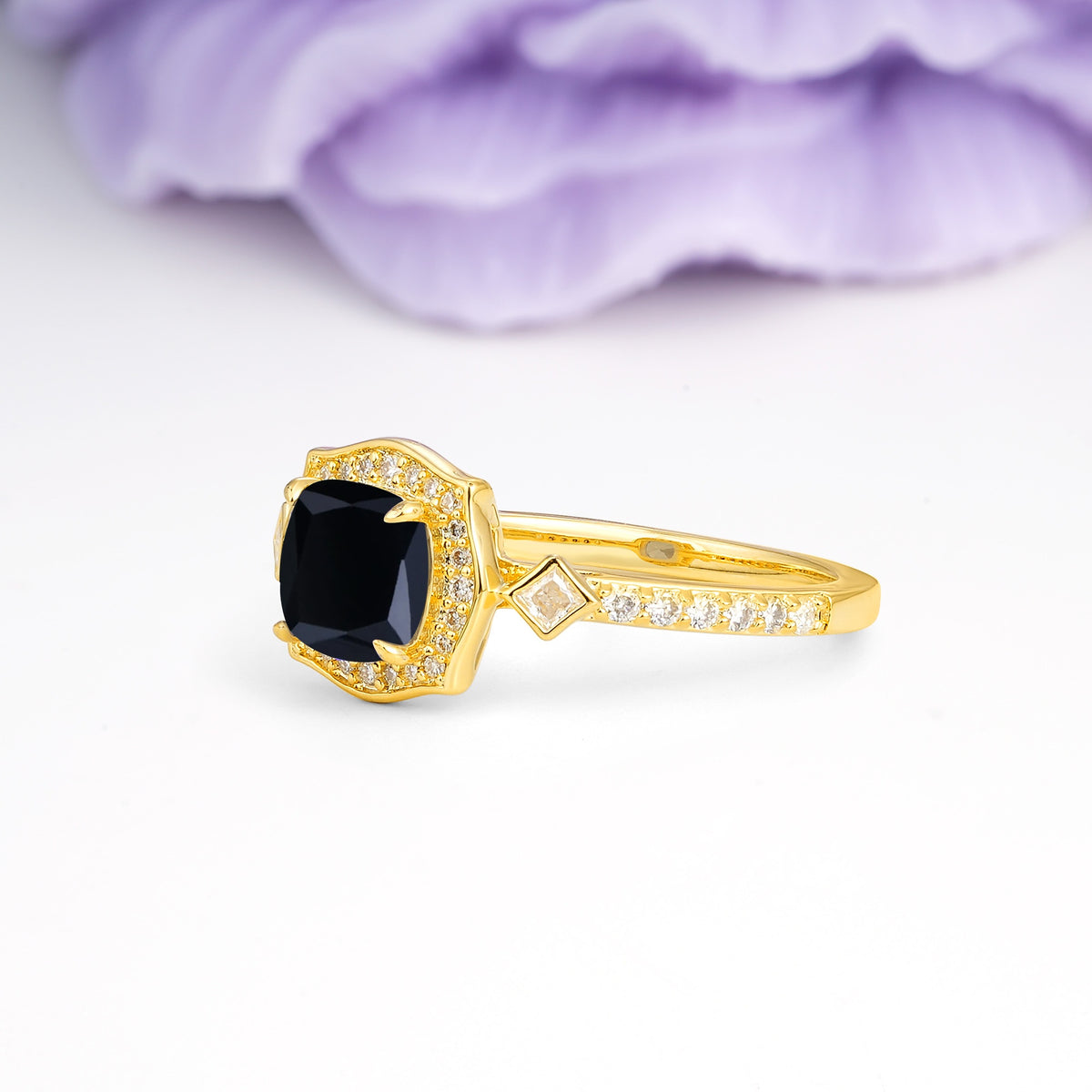 Vintage-Style, Multi-Row Diamond, Luxurious 4-Prong Princess Cut Black Onyx Engagement Ring - Additional view