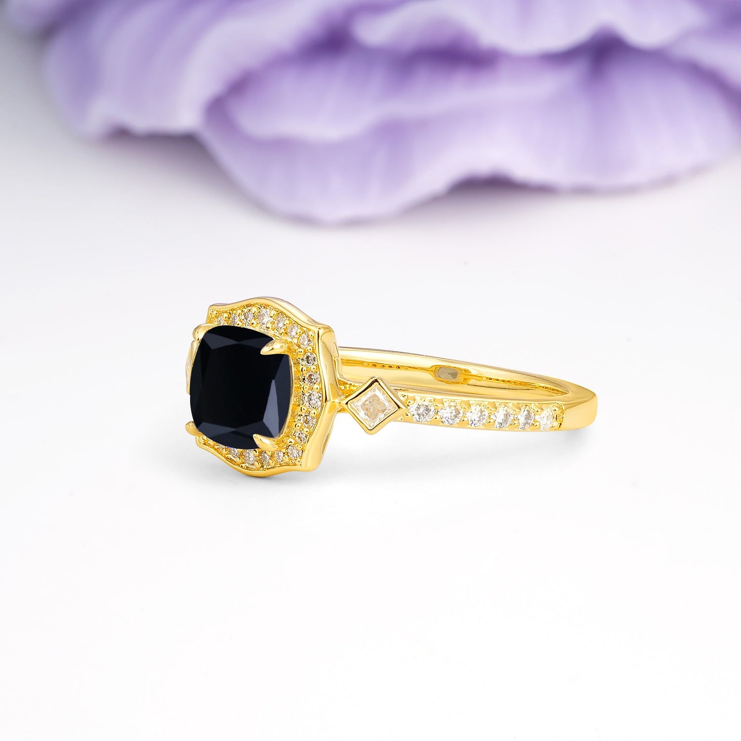 Vintage-Style, Multi-Row Diamond, Luxurious 4-Prong Princess Cut Black Onyx Engagement Ring - Additional view