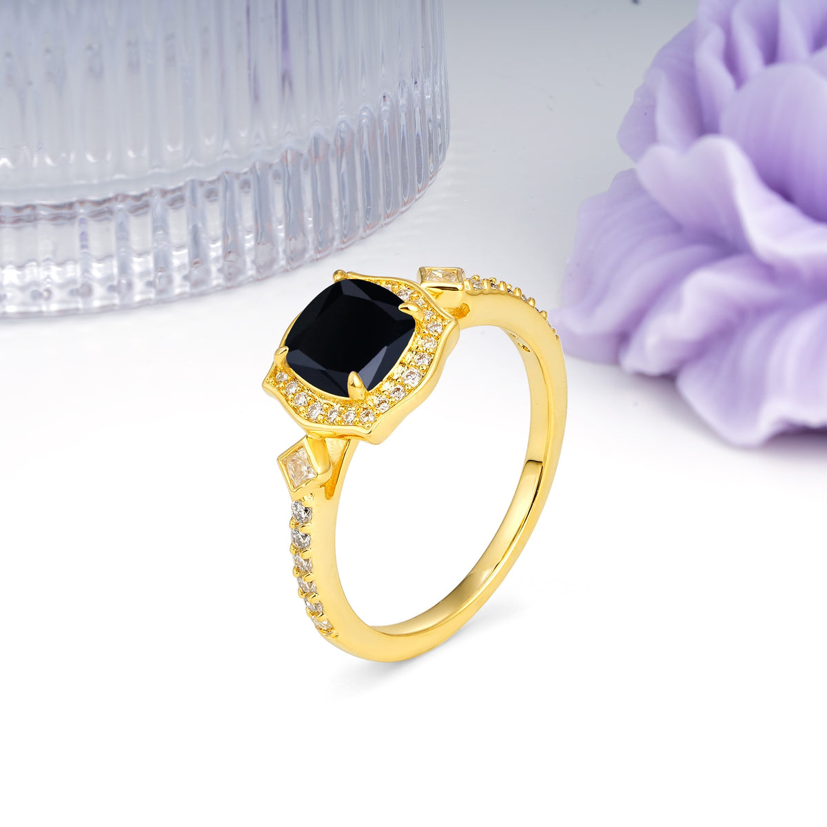 Vintage-Style, Multi-Row Diamond, Luxurious 4-Prong Princess Cut Black Onyx Engagement Ring - Additional view
