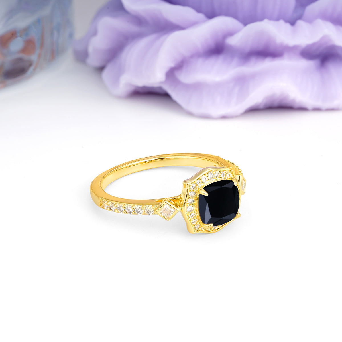 Vintage-Style, Multi-Row Diamond, Luxurious 4-Prong Princess Cut Black Onyx Engagement Ring - Additional view