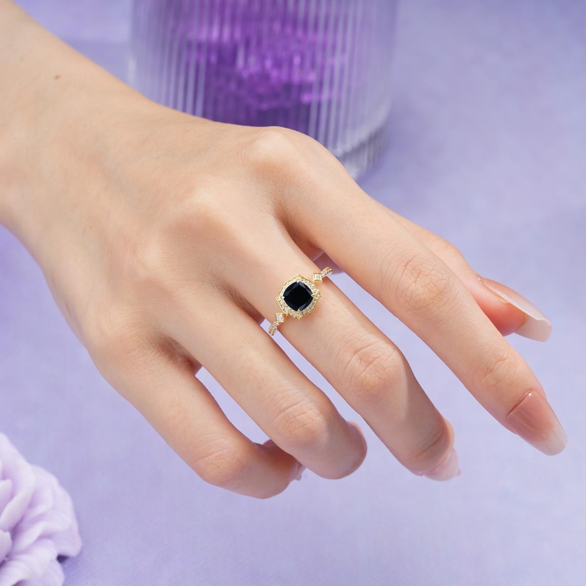 Vintage-Style, Multi-Row Diamond, Luxurious 4-Prong Princess Cut Black Onyx Engagement Ring