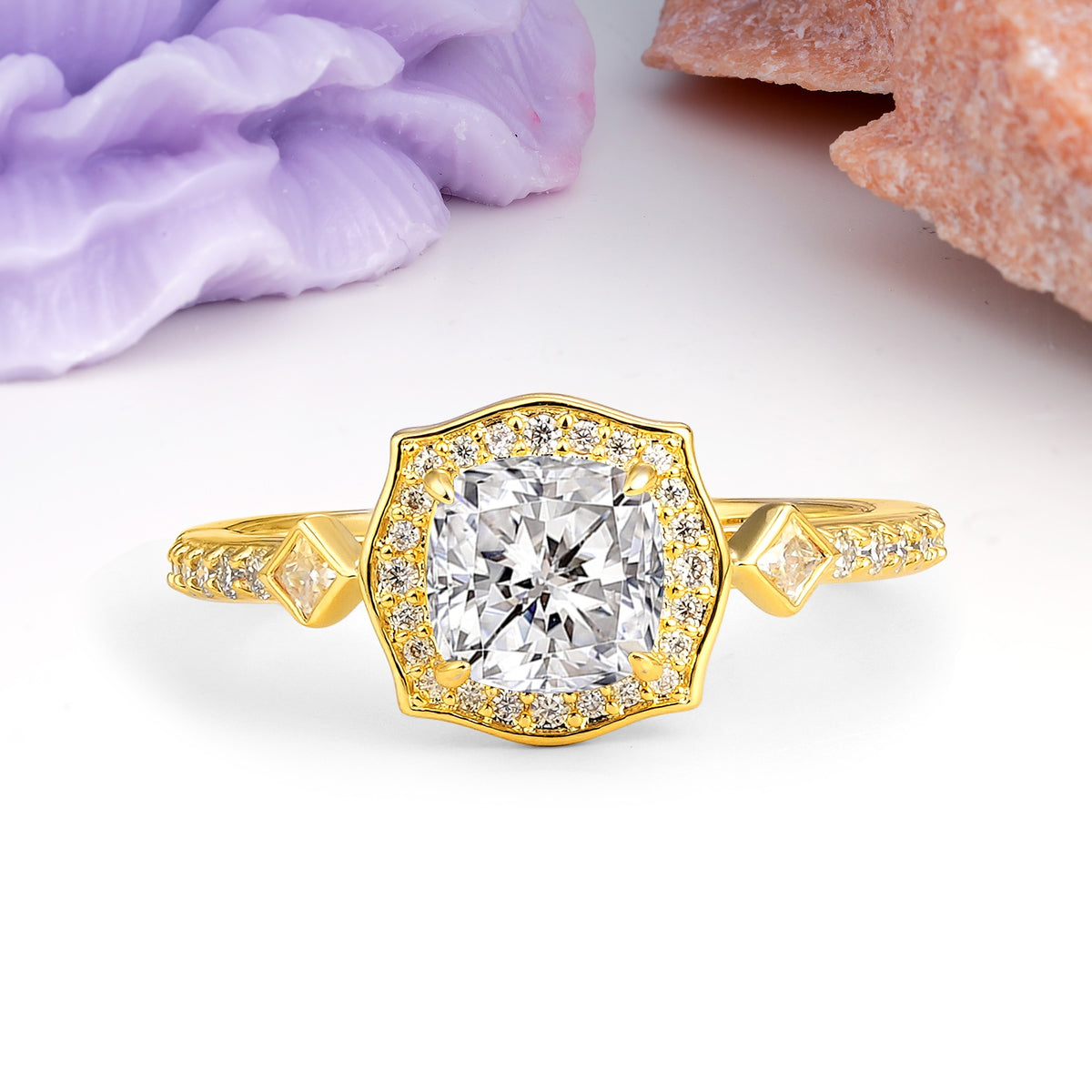Vintage-Style, Multi-Row Diamond, Luxurious 4-Prong Princess Cut Lab Diamond Engagement Ring - Additional view