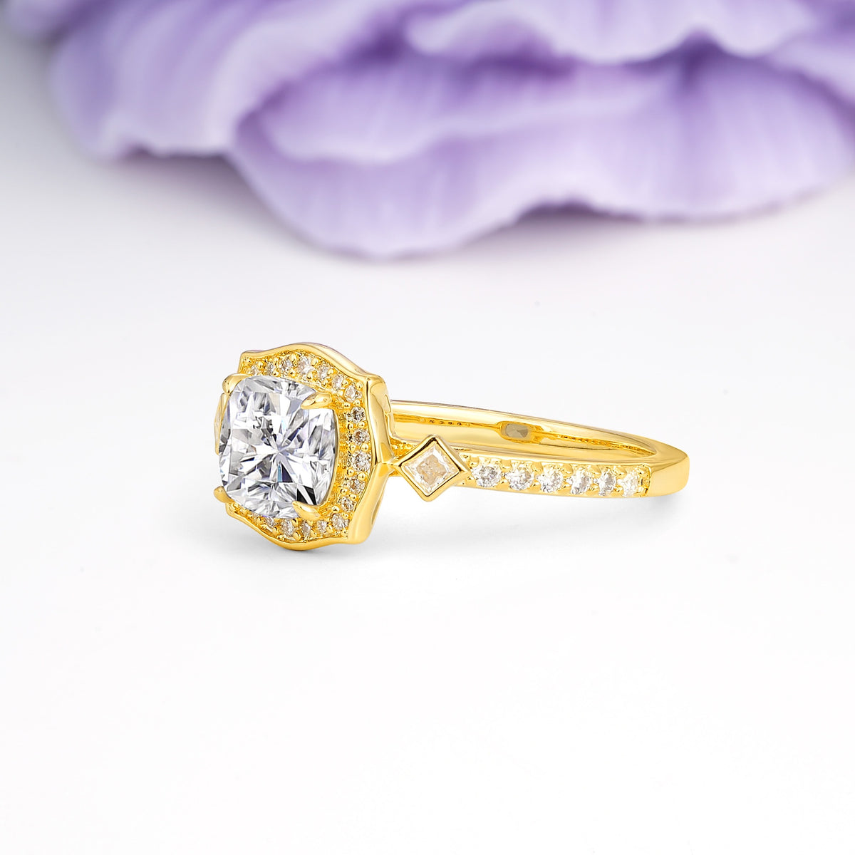 Vintage-Style, Multi-Row Diamond, Luxurious 4-Prong Princess Cut Lab Diamond Engagement Ring - Additional view