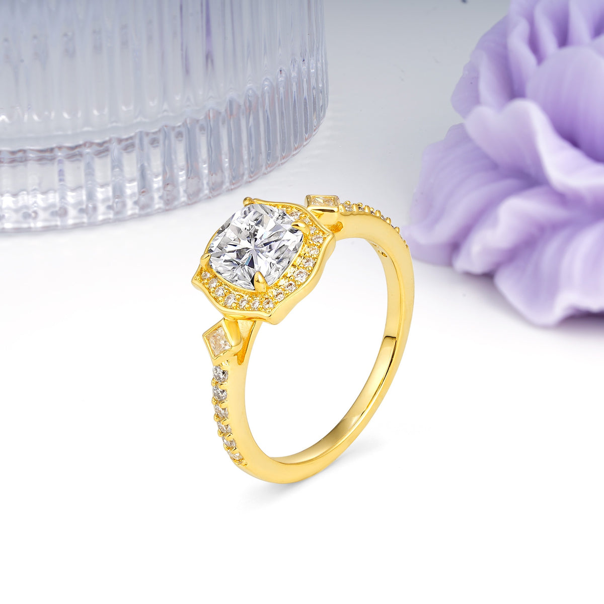 Vintage-Style, Multi-Row Diamond, Luxurious 4-Prong Princess Cut Lab Diamond Engagement Ring - Additional view