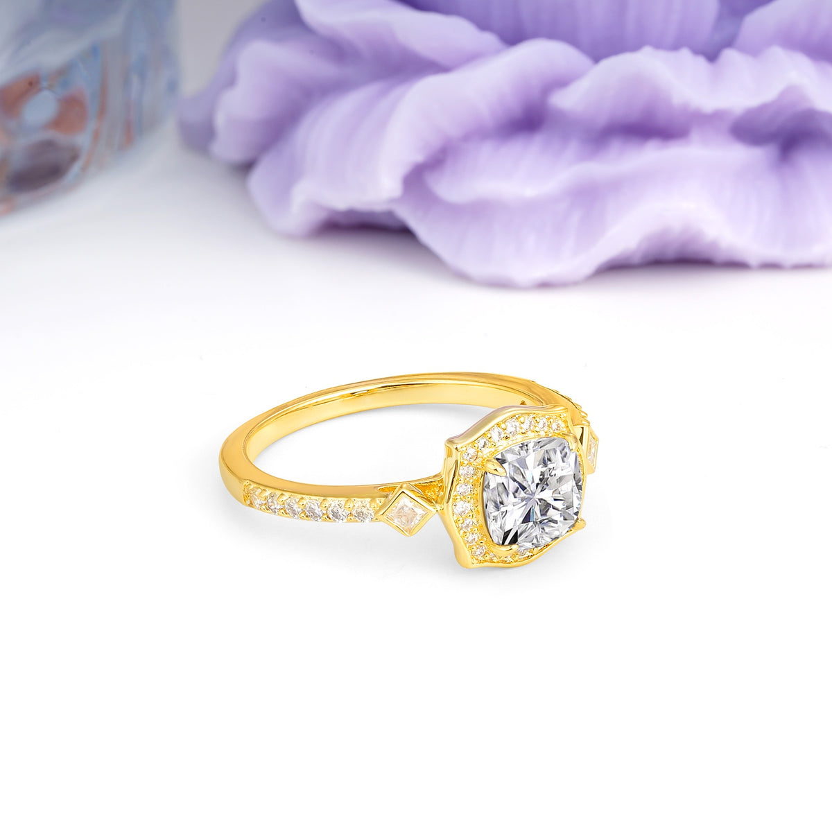 Vintage-Style, Multi-Row Diamond, Luxurious 4-Prong Princess Cut Lab Diamond Engagement Ring - Additional view