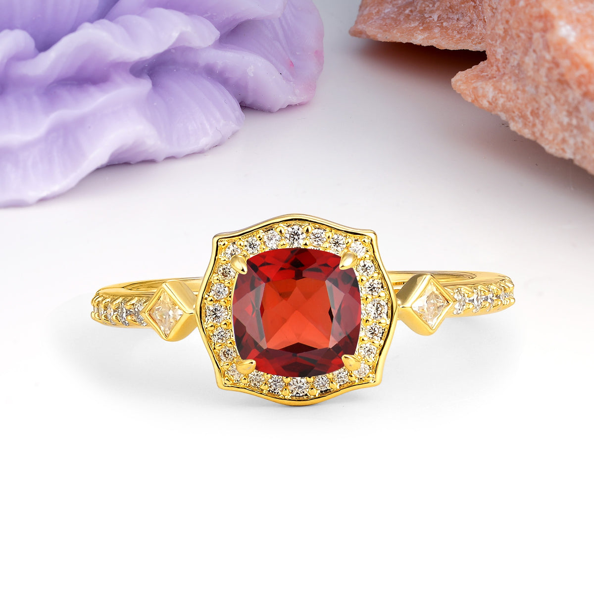 Vintage-Style, Multi-Row Diamond, Luxurious 4-Prong Princess Cut Garnet Engagement Ring - Additional view