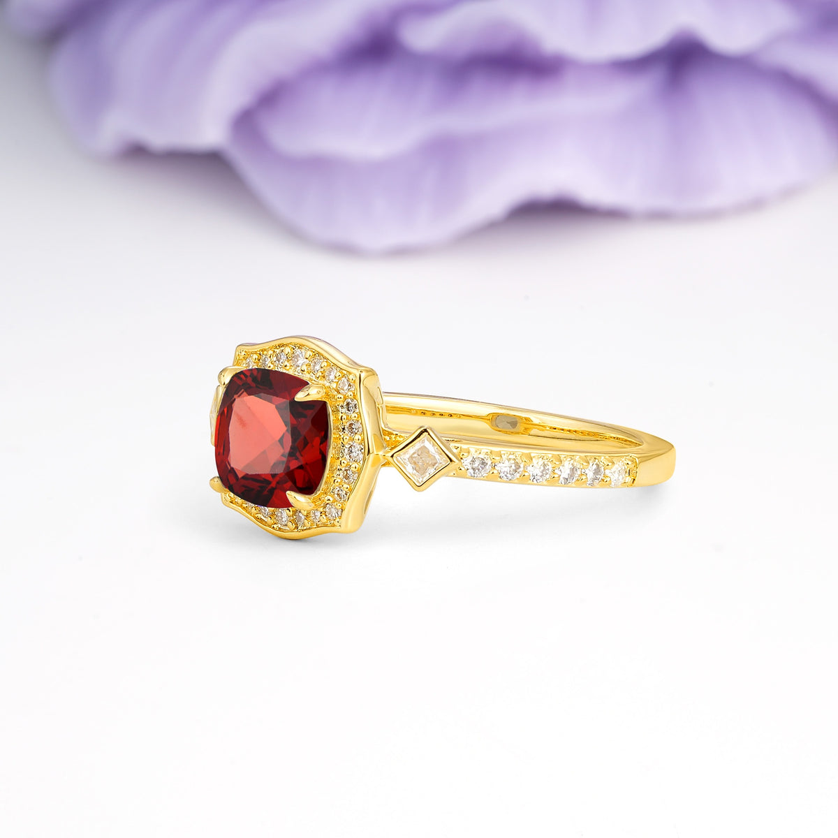 Vintage-Style, Multi-Row Diamond, Luxurious 4-Prong Princess Cut Garnet Engagement Ring - Additional view
