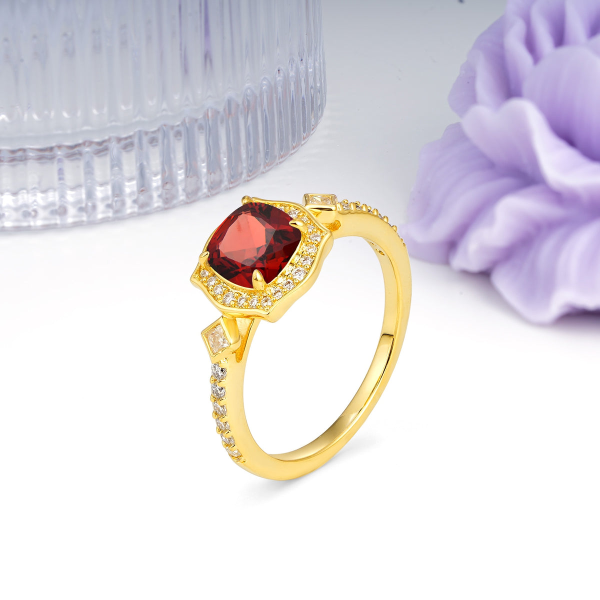 Vintage-Style, Multi-Row Diamond, Luxurious 4-Prong Princess Cut Garnet Engagement Ring - Additional view