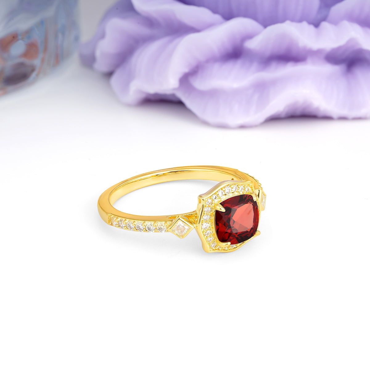Vintage-Style, Multi-Row Diamond, Luxurious 4-Prong Princess Cut Garnet Engagement Ring - Additional view