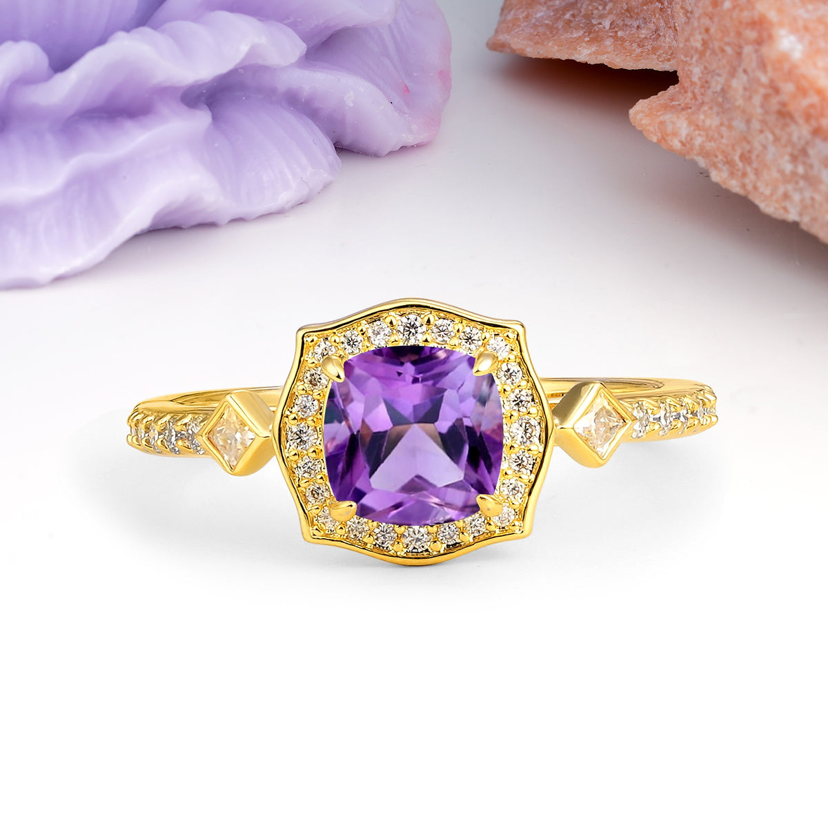Vintage-Style, Multi-Row Diamond, Luxurious 4-Prong Princess Cut Amethyst Engagement Ring - Additional view