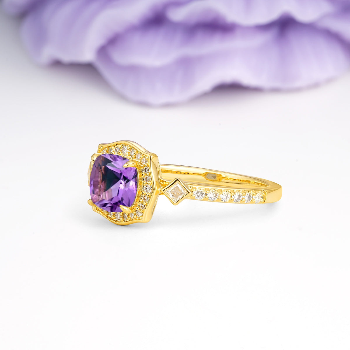Vintage-Style, Multi-Row Diamond, Luxurious 4-Prong Princess Cut Amethyst Engagement Ring - Additional view
