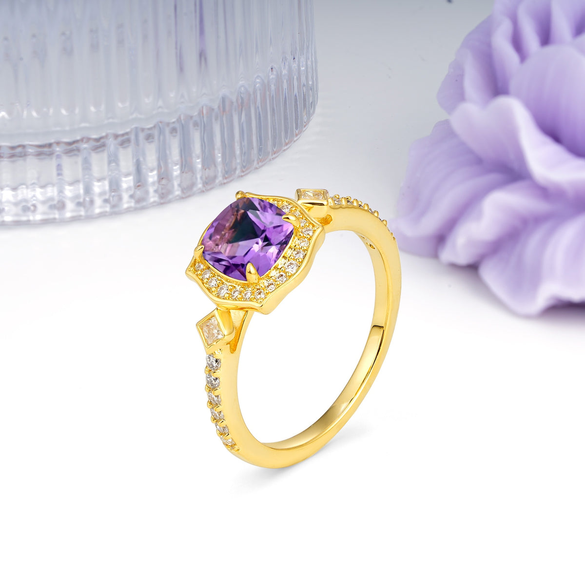 Vintage-Style, Multi-Row Diamond, Luxurious 4-Prong Princess Cut Amethyst Engagement Ring - Additional view