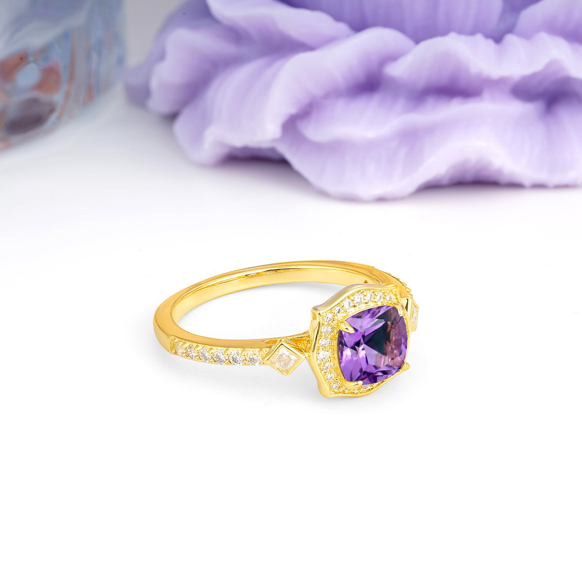 Vintage-Style, Multi-Row Diamond, Luxurious 4-Prong Princess Cut Amethyst Engagement Ring - Additional view