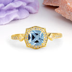 Vintage-Style, Multi-Row Diamond, Luxurious 4-Prong Princess Cut Aquamarine Engagement Ring - Additional view