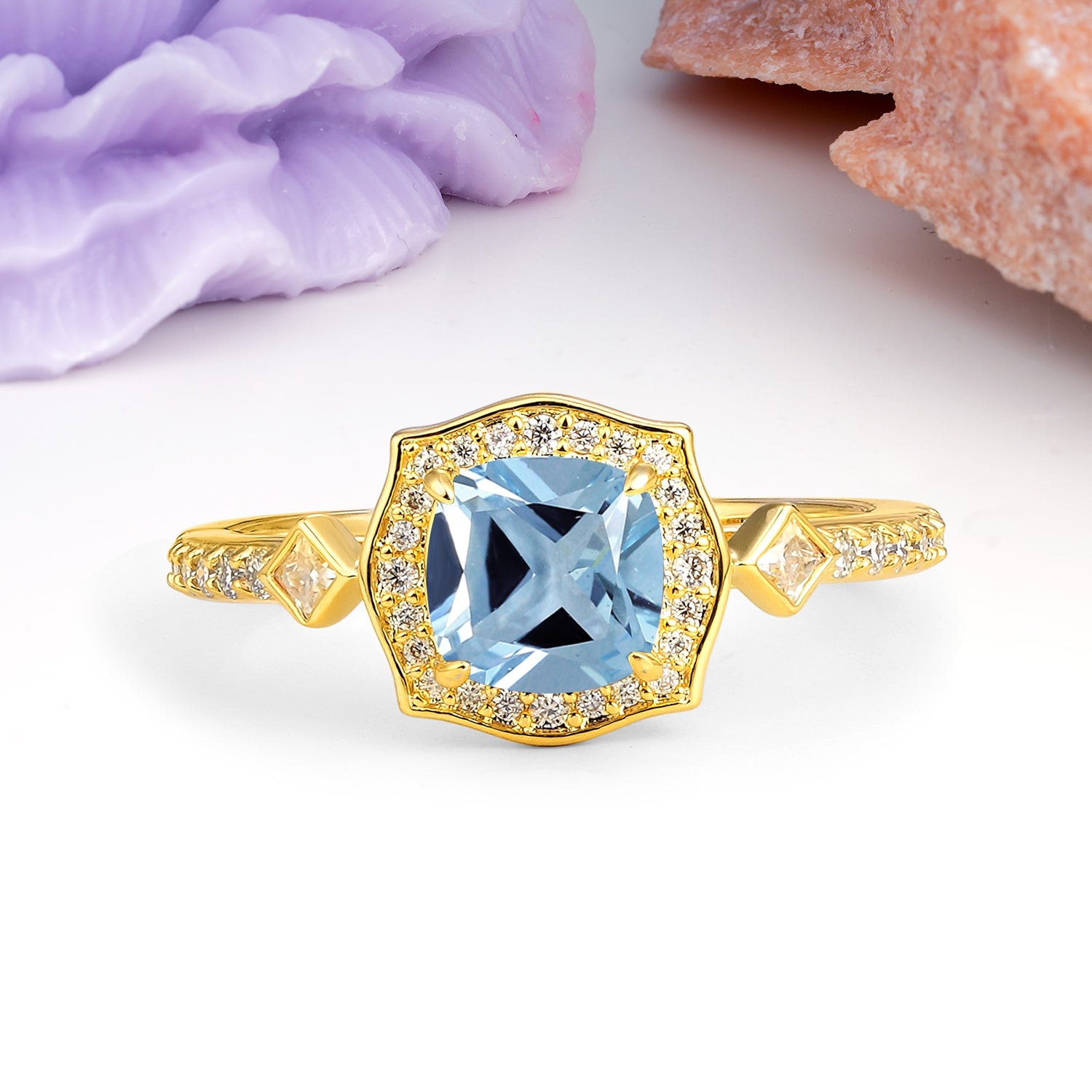 Vintage-Style, Multi-Row Diamond, Luxurious 4-Prong Princess Cut Aquamarine Engagement Ring - Additional view