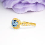 Vintage-Style, Multi-Row Diamond, Luxurious 4-Prong Princess Cut Aquamarine Engagement Ring - Additional view