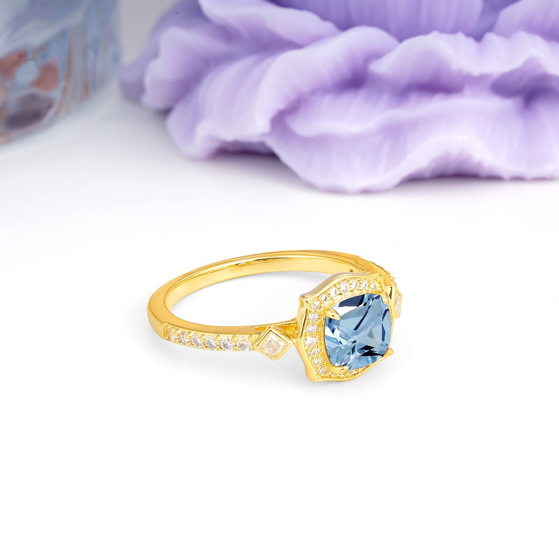 Vintage-Style, Multi-Row Diamond, Luxurious 4-Prong Princess Cut Aquamarine Engagement Ring - Additional view