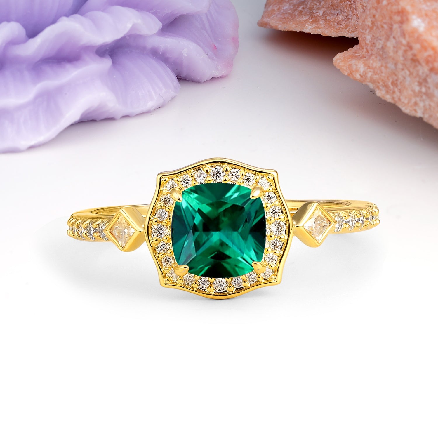 Vintage-Style, Multi-Row Diamond, Luxurious 4-Prong Princess Cut Emerald Engagement Ring - Additional view