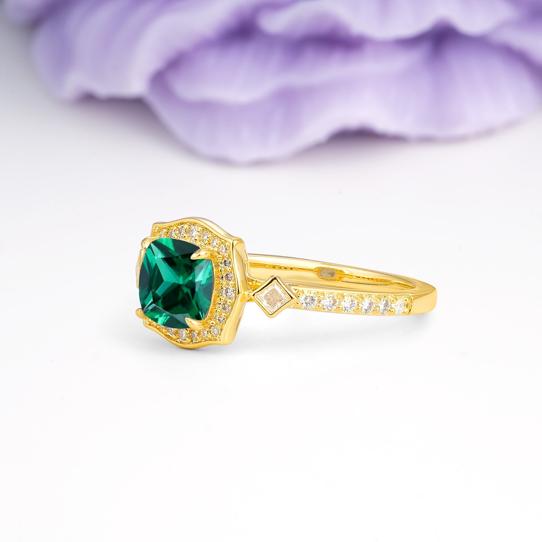 Vintage-Style, Multi-Row Diamond, Luxurious 4-Prong Princess Cut Emerald Engagement Ring - Additional view