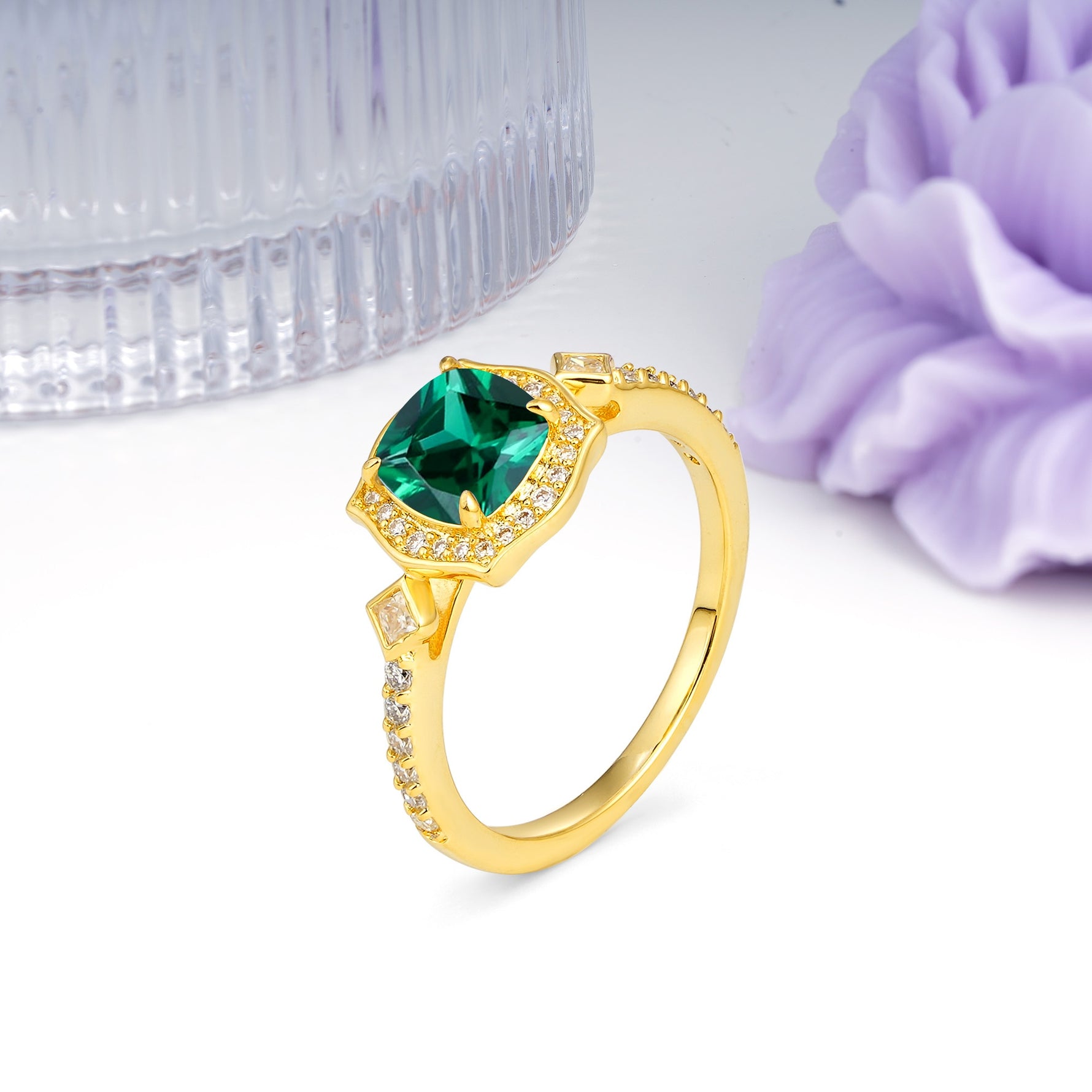Vintage-Style, Multi-Row Diamond, Luxurious 4-Prong Princess Cut Emerald Engagement Ring - Additional view