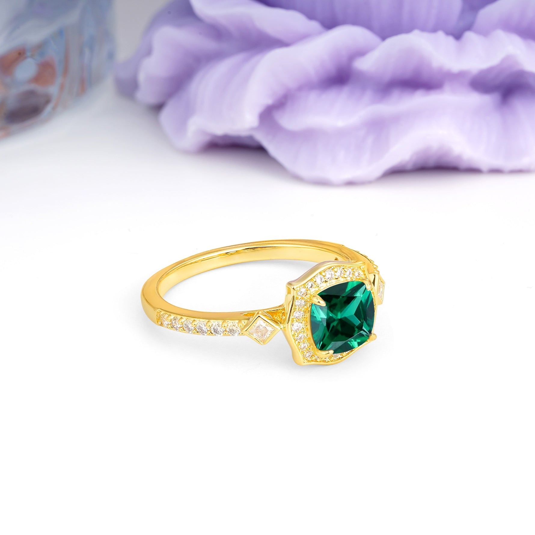 Vintage-Style, Multi-Row Diamond, Luxurious 4-Prong Princess Cut Emerald Engagement Ring - Additional view