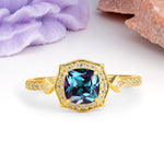 Vintage-Style, Multi-Row Diamond, Luxurious 4-Prong Princess Cut Alexandrite Engagement Ring - Additional view