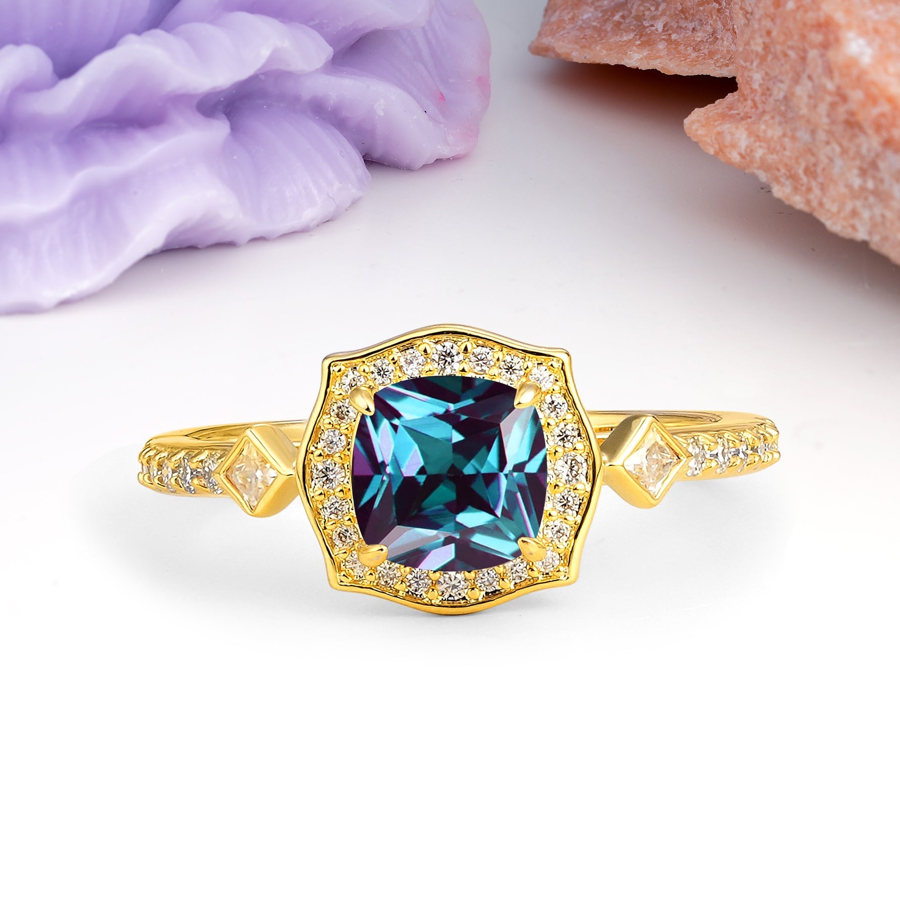 Vintage-Style, Multi-Row Diamond, Luxurious 4-Prong Princess Cut Alexandrite Engagement Ring - Additional view