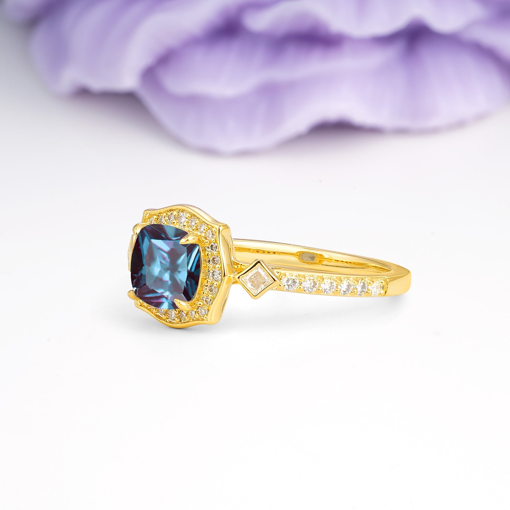 Vintage-Style, Multi-Row Diamond, Luxurious 4-Prong Princess Cut Alexandrite Engagement Ring - Additional view