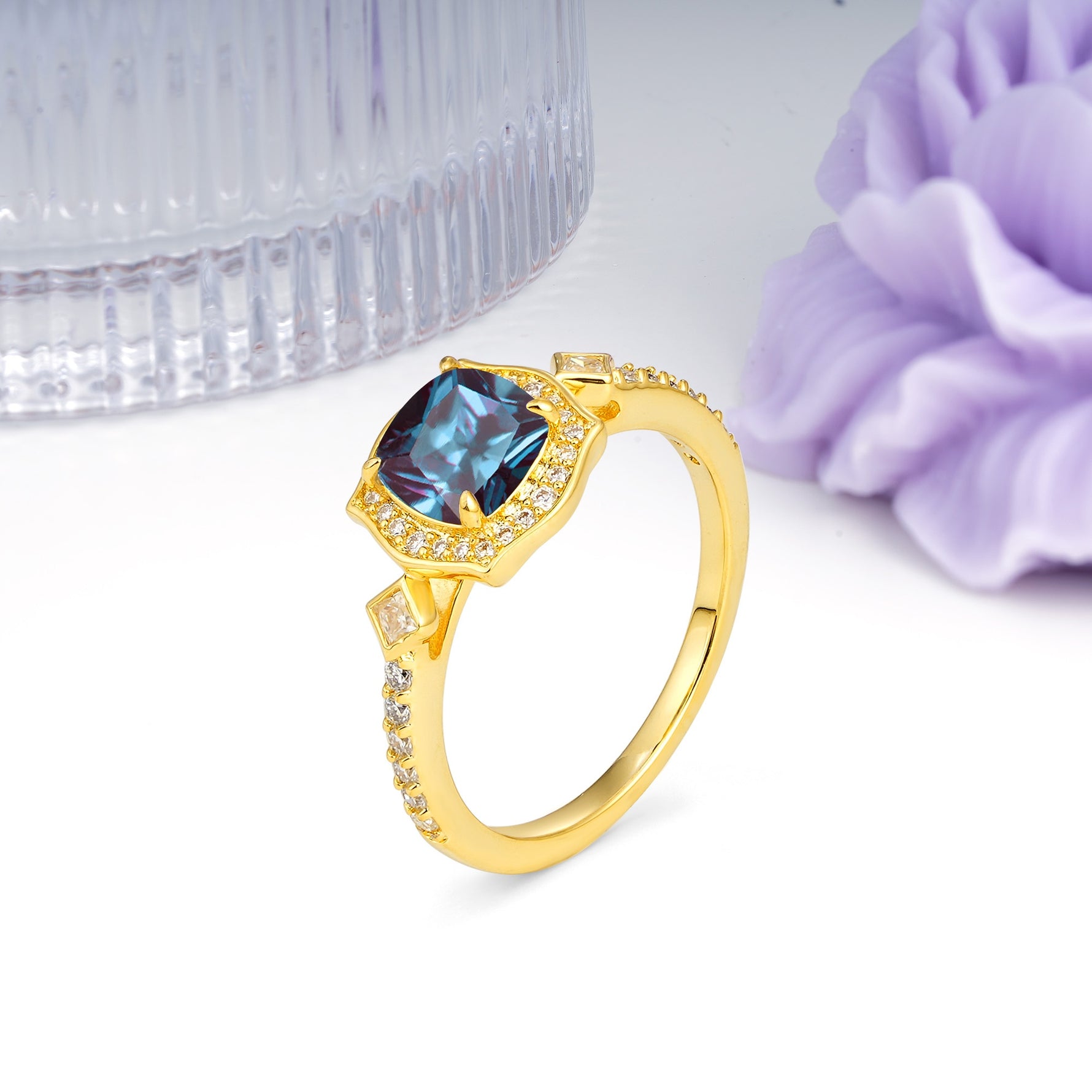 Vintage-Style, Multi-Row Diamond, Luxurious 4-Prong Princess Cut Alexandrite Engagement Ring - Additional view