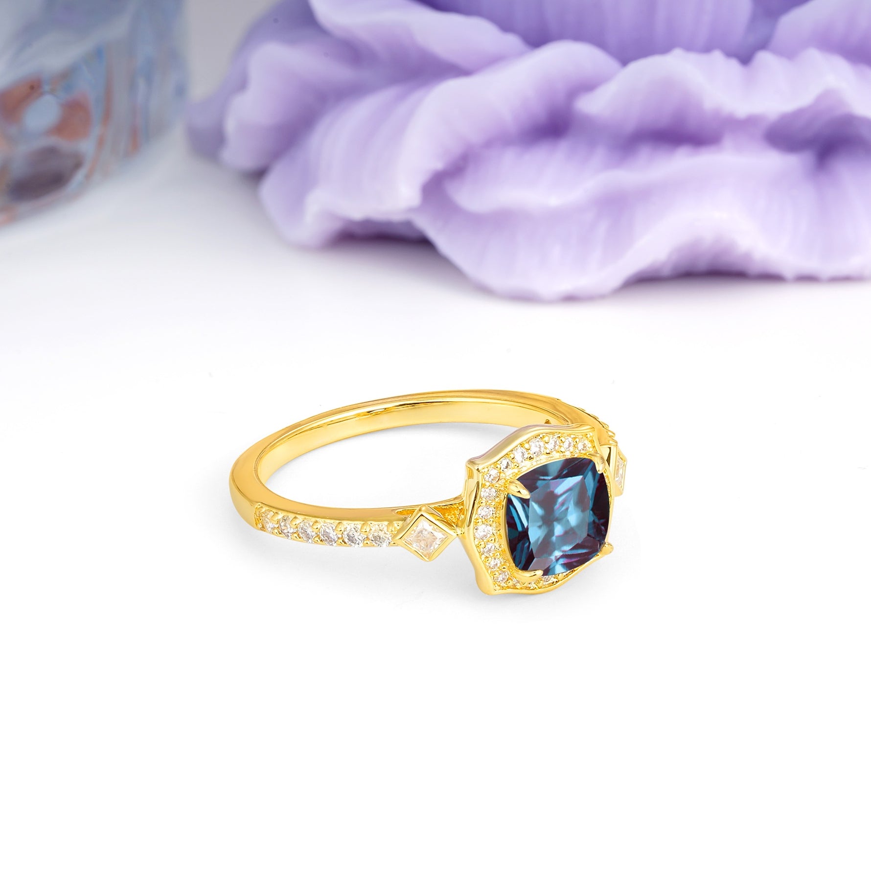 Vintage-Style, Multi-Row Diamond, Luxurious 4-Prong Princess Cut Alexandrite Engagement Ring - Additional view